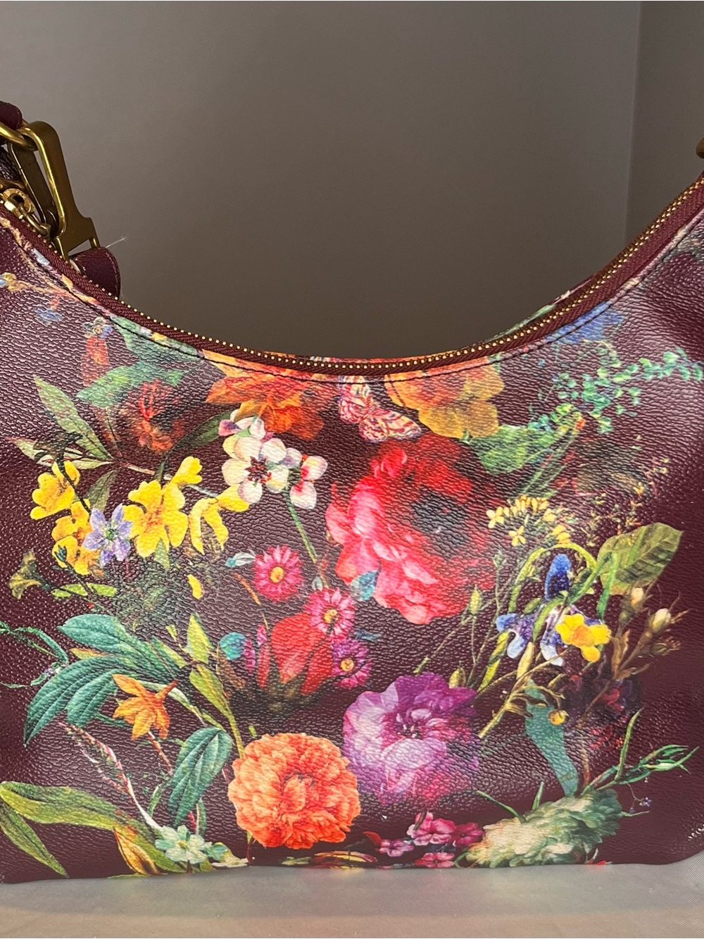 Elliott Lucca Burgundy Floral Leather Shoulder Bag - Picture 2 of 5